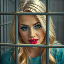 A captivating 19-year-old blonde woman with a bright and engaging face, showcasing striking makeup that includes frosted pastel blue eyeshadow, thick black eyeliner, and bright pink lipstick