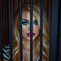 A captivating 19-year-old blonde woman with a bright and engaging face, showcasing striking makeup that includes frosted pastel blue eyeshadow, thick black eyeliner, and bright pink lipstick
