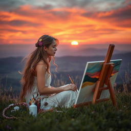 A beautiful young painter, around 20 years old, sitting on a grassy hill at dusk, surrounded by paintbrushes and vibrant canvases