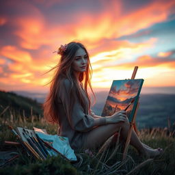 A beautiful young painter, around 20 years old, sitting on a grassy hill at dusk, surrounded by paintbrushes and vibrant canvases