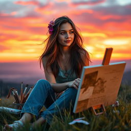 A beautiful young painter, around 20 years old, sitting on a grassy hill at dusk, surrounded by paintbrushes and vibrant canvases