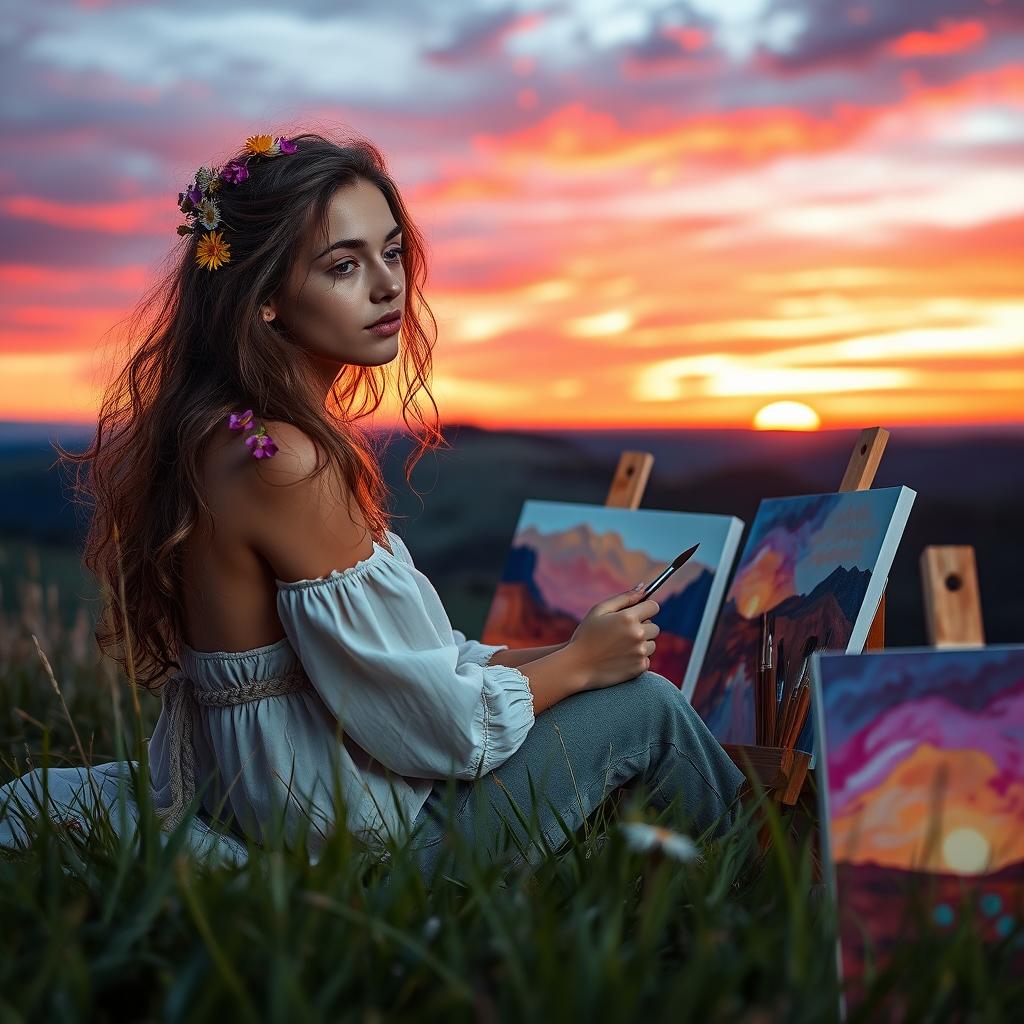 A beautiful young painter, around 20 years old, sitting on a grassy hill at dusk, surrounded by paintbrushes and vibrant canvases