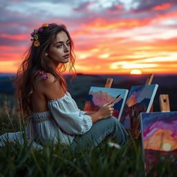 A beautiful young painter, around 20 years old, sitting on a grassy hill at dusk, surrounded by paintbrushes and vibrant canvases