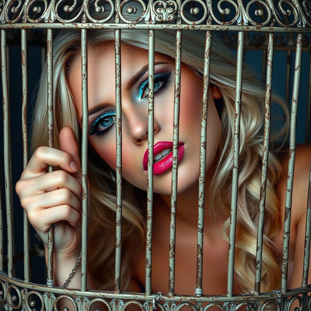 A sexy, sweet, and beautiful 19-year-old blonde woman with striking and vivid makeup, including bright frosted pastel blue eyeshadow, thick black eyeliner, and bright pink lipstick