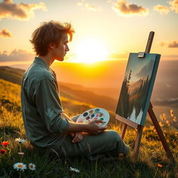 A romantic and evocative scene featuring a 20-year-old male painter sitting on a lush green hill, capturing the beauty of nature on a canvas