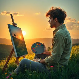 A romantic and evocative scene featuring a 20-year-old male painter sitting on a lush green hill, capturing the beauty of nature on a canvas