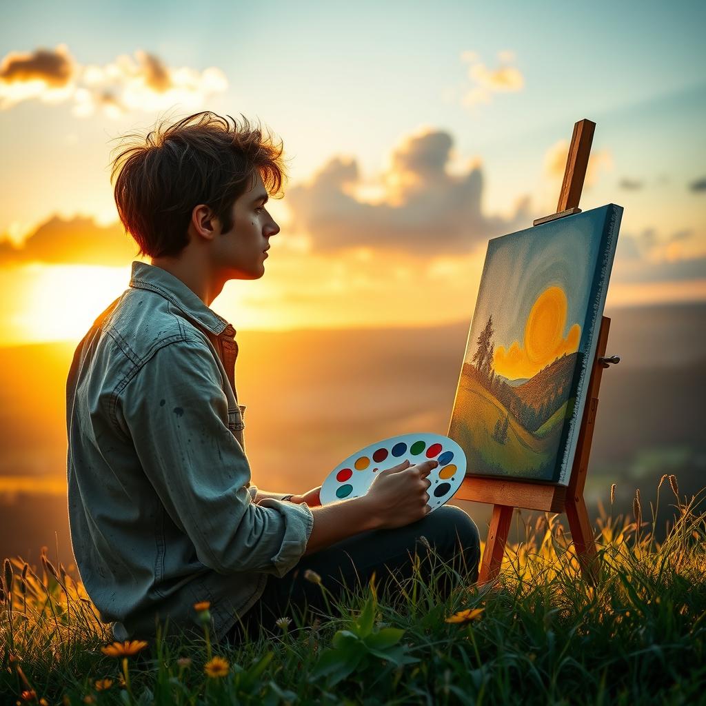 A romantic and evocative scene featuring a 20-year-old male painter sitting on a lush green hill, capturing the beauty of nature on a canvas