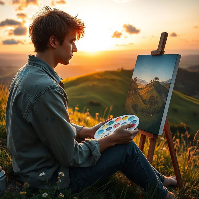 A romantic and evocative scene featuring a 20-year-old male painter sitting on a lush green hill, capturing the beauty of nature on a canvas