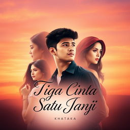 A captivating e-book cover for a romantic novel titled 'Tiga Cinta Satu Janji' by Kathaka