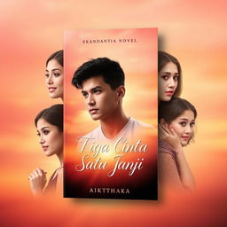 A captivating e-book cover for a romantic novel titled 'Tiga Cinta Satu Janji' by Kathaka