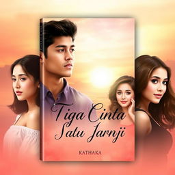 A captivating e-book cover for a romantic novel titled 'Tiga Cinta Satu Janji' by Kathaka