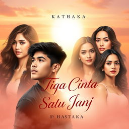 A captivating e-book cover for a romantic novel titled 'Tiga Cinta Satu Janji' by Kathaka