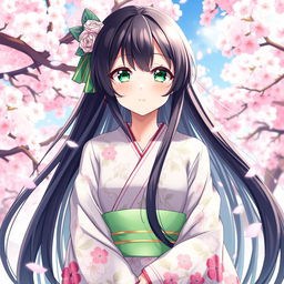 A beautifully detailed anime-style illustration featuring a character named Ouka, with long flowing black hair, wearing an intricate kimono adorned with floral patterns
