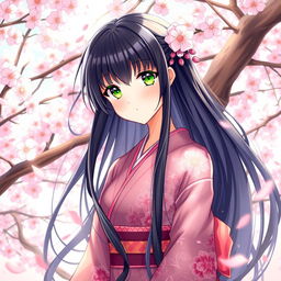 A beautifully detailed anime-style illustration featuring a character named Ouka, with long flowing black hair, wearing an intricate kimono adorned with floral patterns