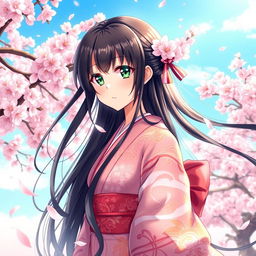 A beautifully detailed anime-style illustration featuring a character named Ouka, with long flowing black hair, wearing an intricate kimono adorned with floral patterns