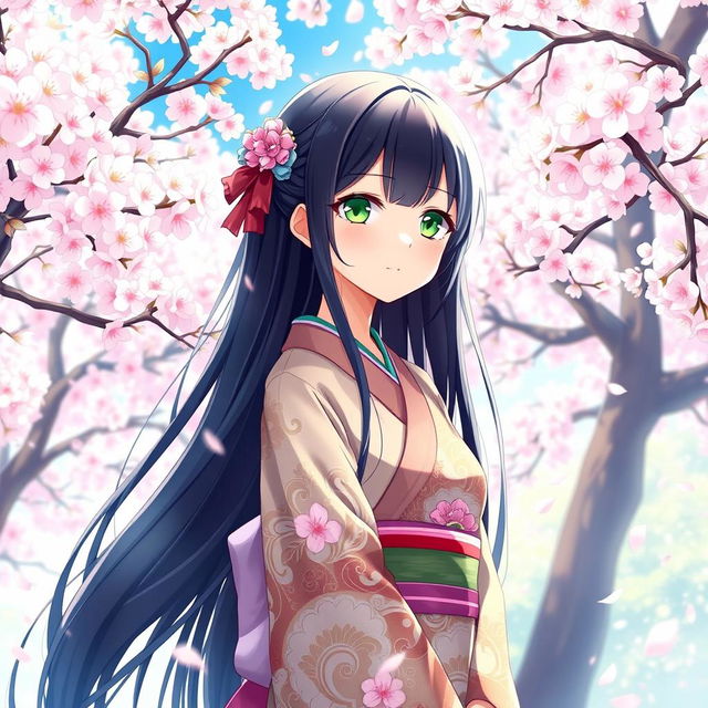 A beautifully detailed anime-style illustration featuring a character named Ouka, with long flowing black hair, wearing an intricate kimono adorned with floral patterns