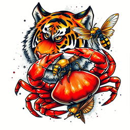 A striking tattoo design featuring a majestic tiger, a fierce crab, and a detailed wasp, all intricately intertwined in a dynamic composition