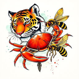 A striking tattoo design featuring a majestic tiger, a fierce crab, and a detailed wasp, all intricately intertwined in a dynamic composition