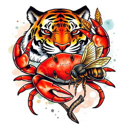 A striking tattoo design featuring a majestic tiger, a fierce crab, and a detailed wasp, all intricately intertwined in a dynamic composition