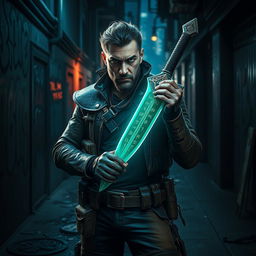 A fierce bounty hunter stands confidently in a dark, gritty urban setting, gripping a glowing magic dagger that radiates a mystical aura