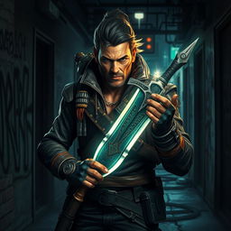 A fierce bounty hunter stands confidently in a dark, gritty urban setting, gripping a glowing magic dagger that radiates a mystical aura