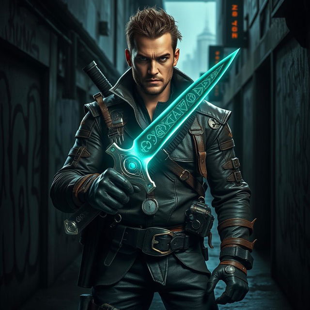 A fierce bounty hunter stands confidently in a dark, gritty urban setting, gripping a glowing magic dagger that radiates a mystical aura