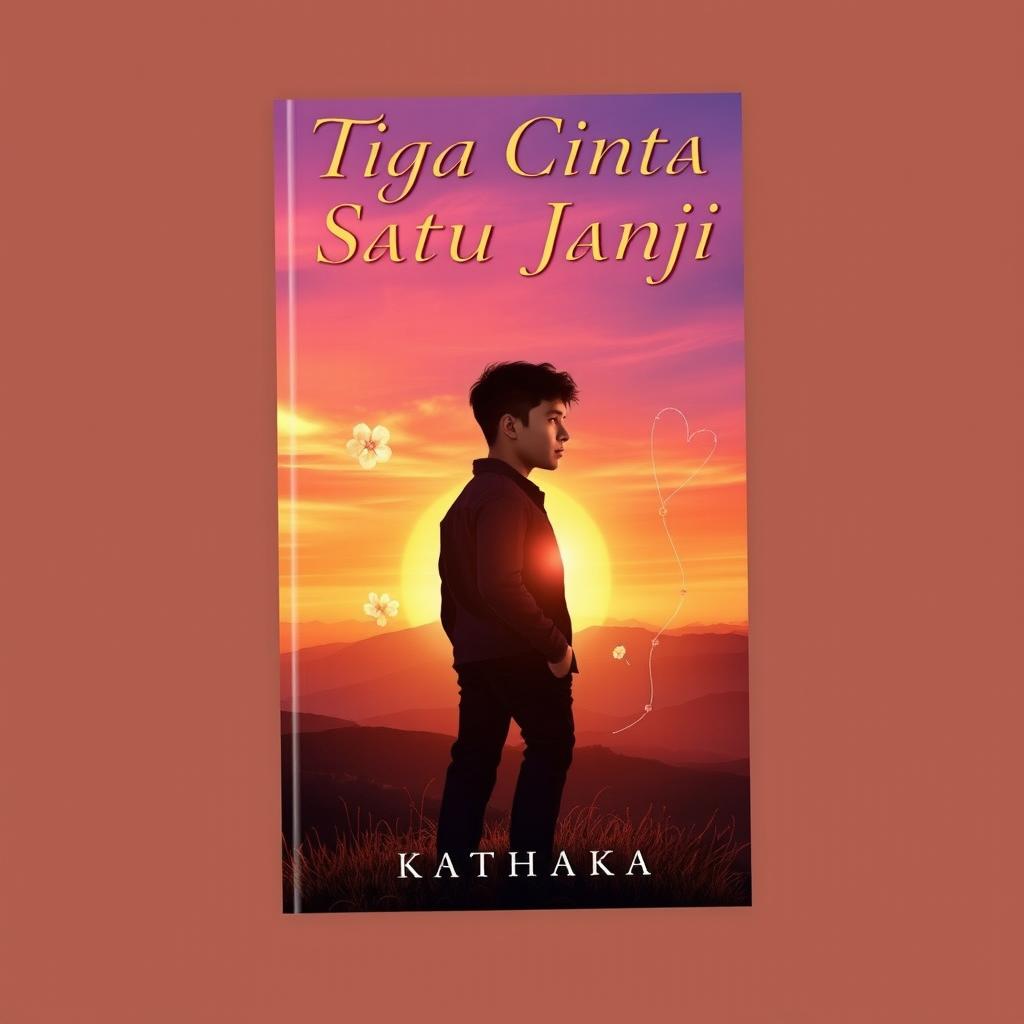 A romantic book cover for 'Tiga Cinta Satu Janji' by Kathaka, depicting a serene hilltop scene at sunset