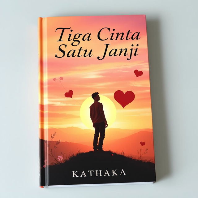 A romantic book cover for 'Tiga Cinta Satu Janji' by Kathaka, depicting a serene hilltop scene at sunset