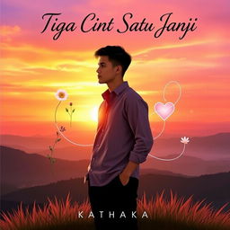 A romantic book cover for 'Tiga Cinta Satu Janji' by Kathaka, depicting a serene hilltop scene at sunset
