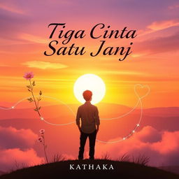 A romantic book cover for 'Tiga Cinta Satu Janji' by Kathaka, depicting a serene hilltop scene at sunset