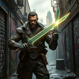 A fierce bounty hunter stands confidently in a dark, gritty urban setting, gripping a glowing magic dagger that radiates a mystical aura