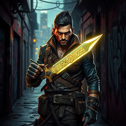 A fierce bounty hunter stands confidently in a dark, gritty urban setting, gripping a glowing magic dagger that radiates a mystical aura