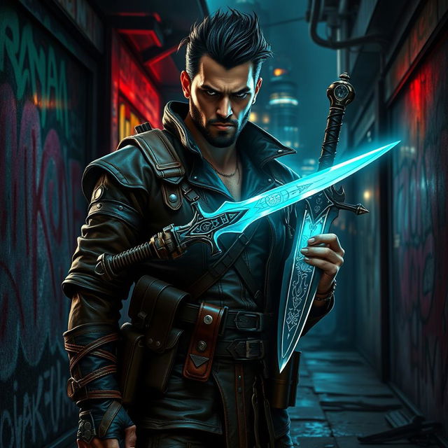 A fierce bounty hunter stands confidently in a dark, gritty urban setting, gripping a glowing magic dagger that radiates a mystical aura