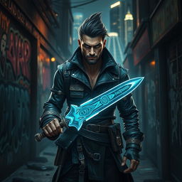 A fierce bounty hunter stands confidently in a dark, gritty urban setting, gripping a glowing magic dagger that radiates a mystical aura