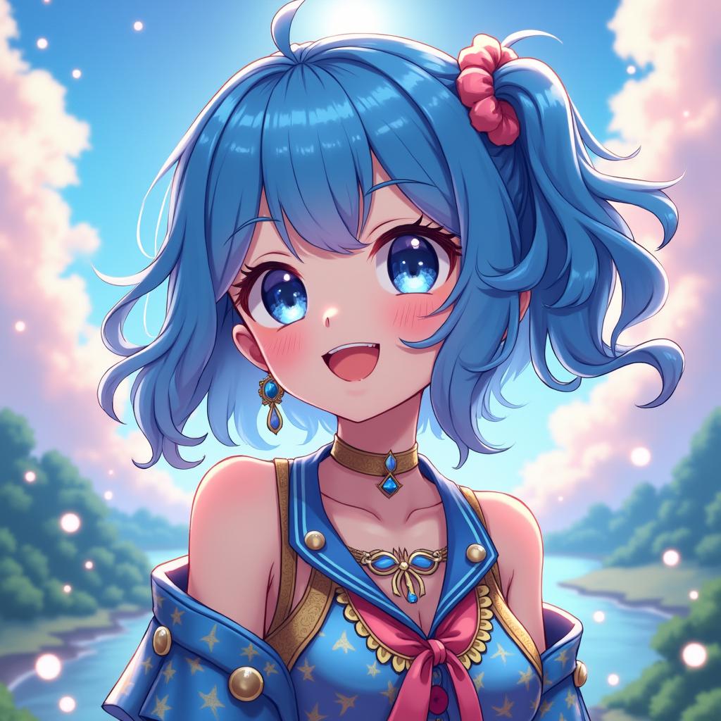 A vibrant digital art piece showcasing a blue-haired anime girl, portrayed with large, expressive eyes that sparkle with enthusiasm