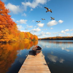A scenic autumn landscape featuring a serene lake reflecting the vibrant colors of fall