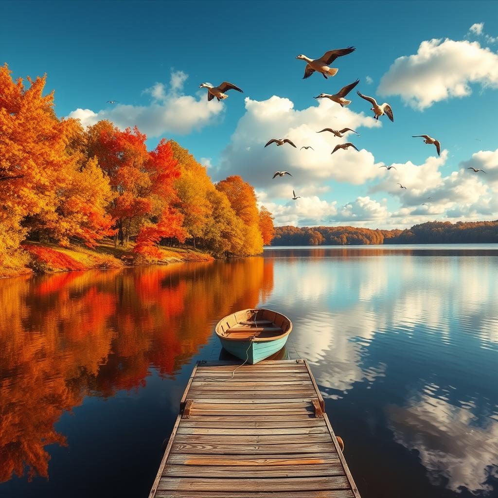 A scenic autumn landscape featuring a serene lake reflecting the vibrant colors of fall