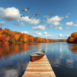 A scenic autumn landscape featuring a serene lake reflecting the vibrant colors of fall