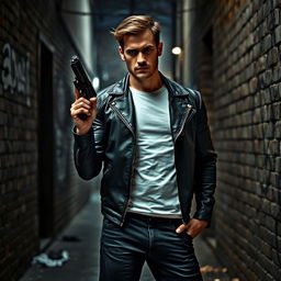 A rugged man standing confidently in a gritty urban environment, holding a sleek black handgun in a relaxed yet ready stance