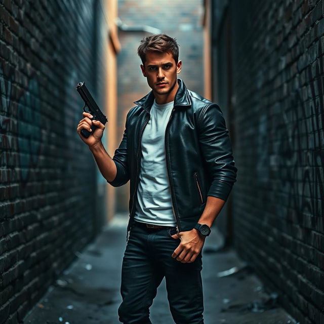 A rugged man standing confidently in a gritty urban environment, holding a sleek black handgun in a relaxed yet ready stance