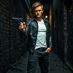 A rugged man standing confidently in a gritty urban environment, holding a sleek black handgun in a relaxed yet ready stance