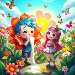 A surrealistic scene with a whimsical and fantastical vibe, featuring two cartoonish characters in a playful setting