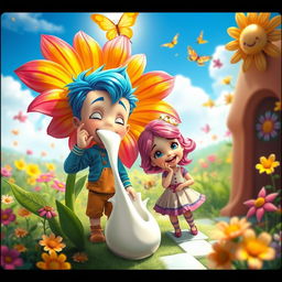 A surrealistic scene with a whimsical and fantastical vibe, featuring two cartoonish characters in a playful setting
