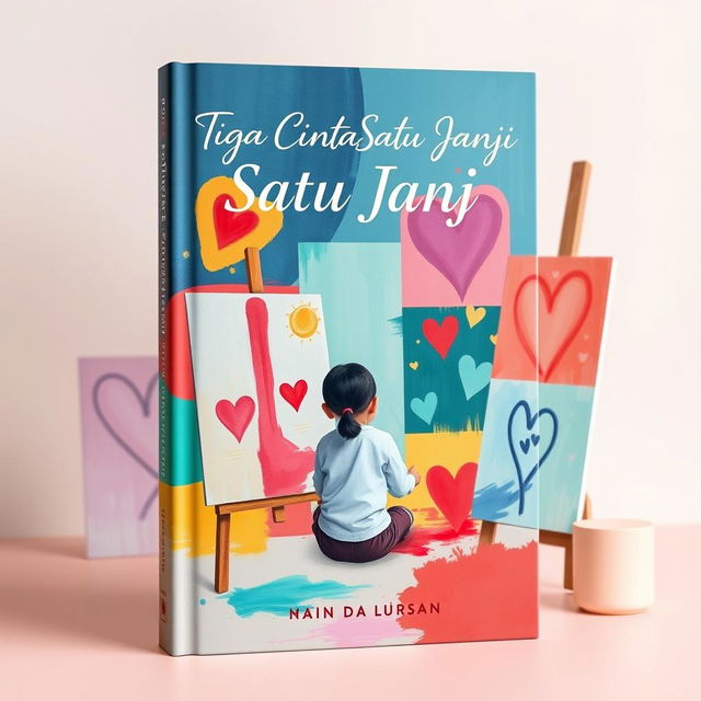 An enchanting book cover design for the novel 'Tiga Cinta Satu Janji', focusing on various types of relationships with a backdrop of a young painter