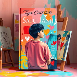 An enchanting book cover design for the novel 'Tiga Cinta Satu Janji', focusing on various types of relationships with a backdrop of a young painter