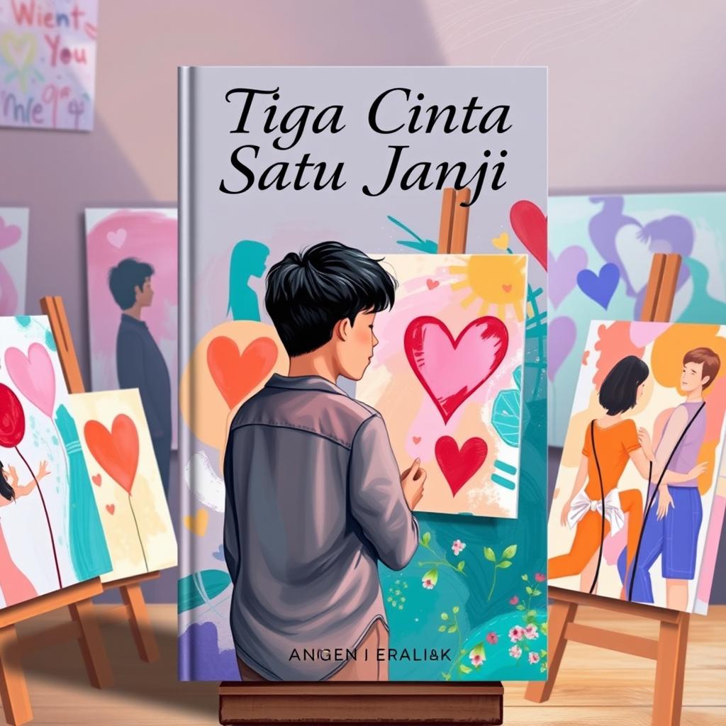 An enchanting book cover design for the novel 'Tiga Cinta Satu Janji', focusing on various types of relationships with a backdrop of a young painter