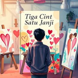 An enchanting book cover design for the novel 'Tiga Cinta Satu Janji', focusing on various types of relationships with a backdrop of a young painter