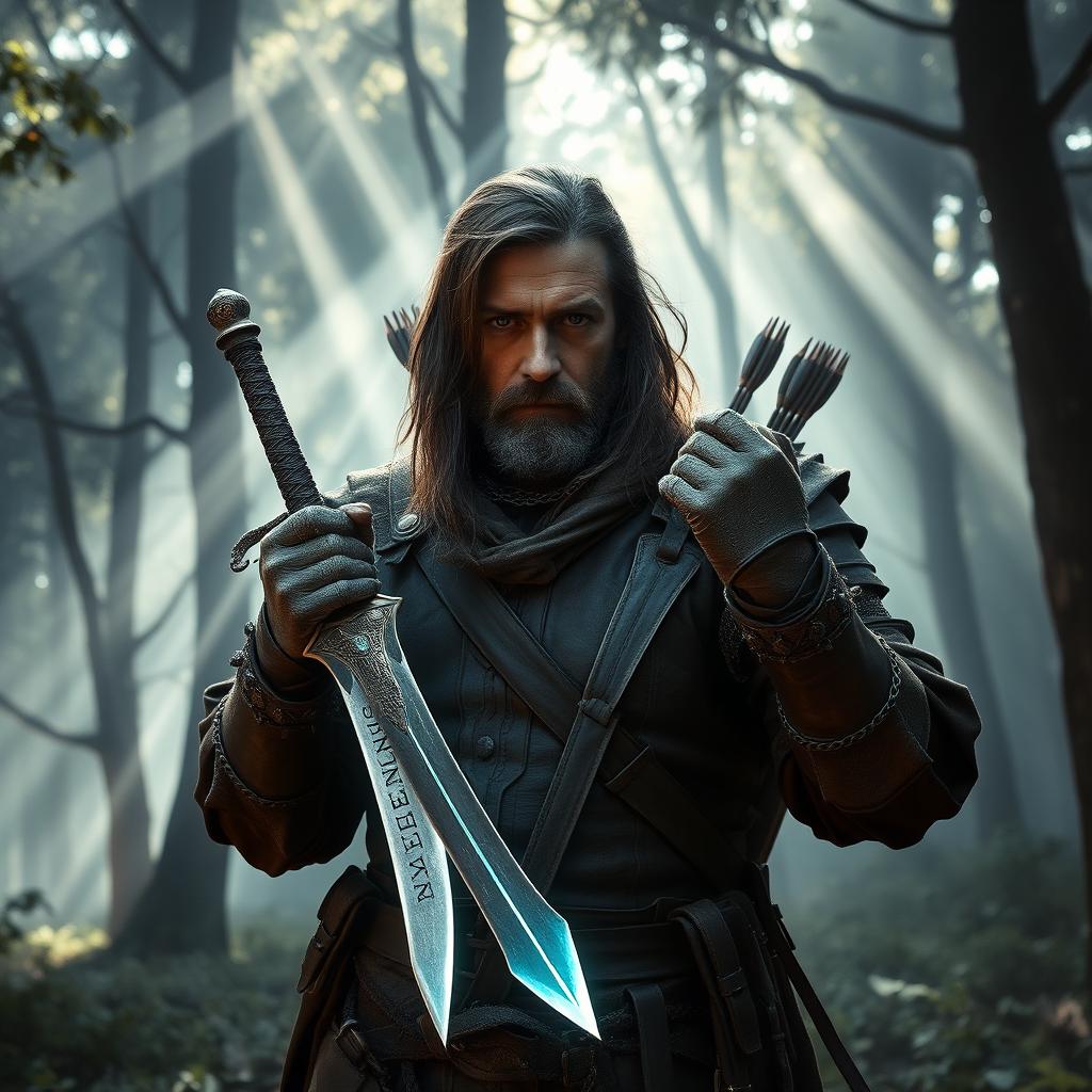 A medieval bounty hunter stands boldly in a misty forest clearing, gripping a dazzling magic dagger that glows with an enchanting light