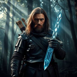 A medieval bounty hunter stands boldly in a misty forest clearing, gripping a dazzling magic dagger that glows with an enchanting light