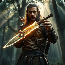 A medieval bounty hunter stands boldly in a misty forest clearing, gripping a dazzling magic dagger that glows with an enchanting light